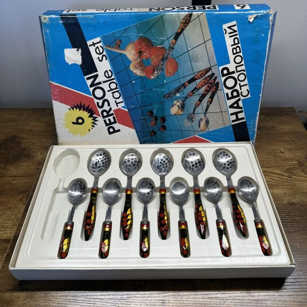 Vintage Russian 6 Person Table Set Handpainted Wood Spoons 6 Small 5 Large Box